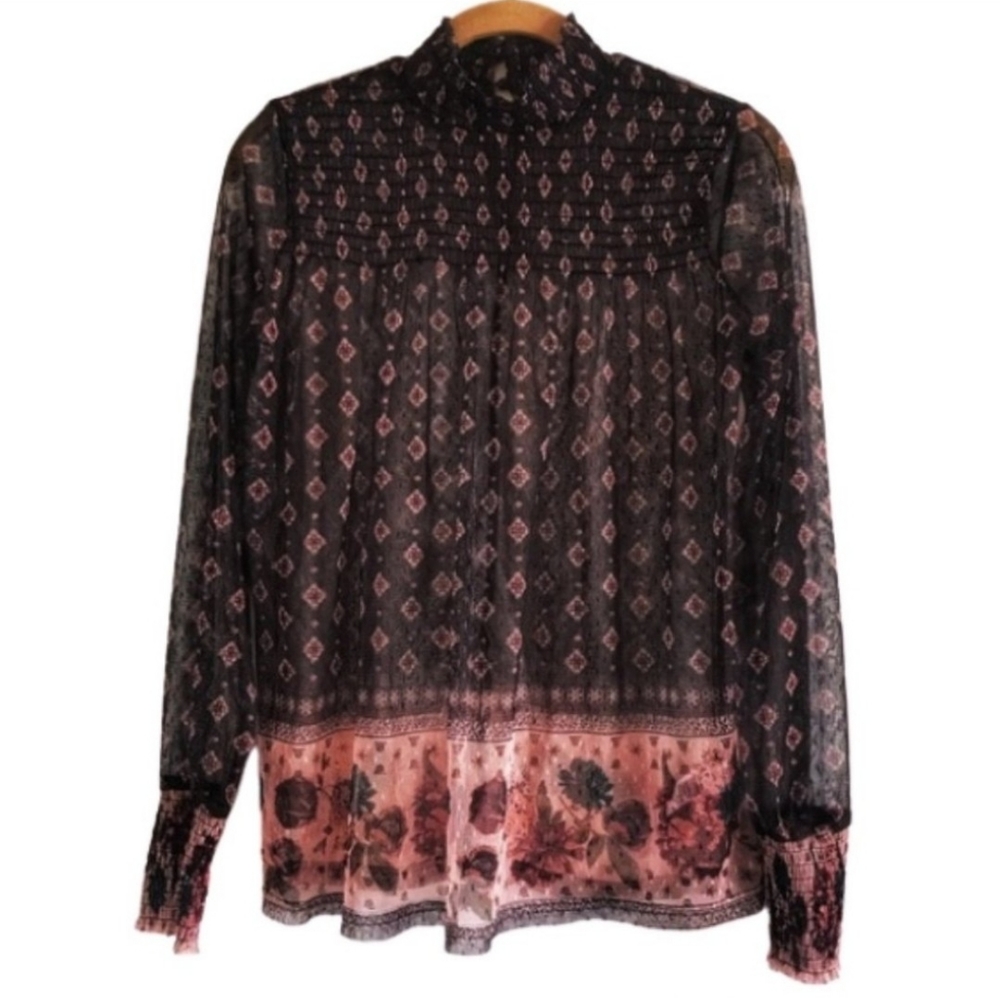 Boho Chic Sheer Rose High Neck Top M